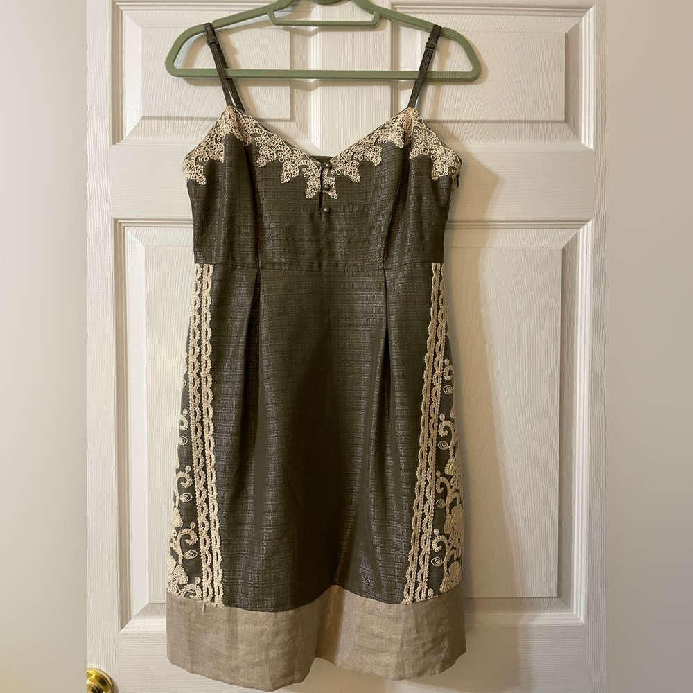 Olive Green Shimmery Dress with White Lace and Pockets